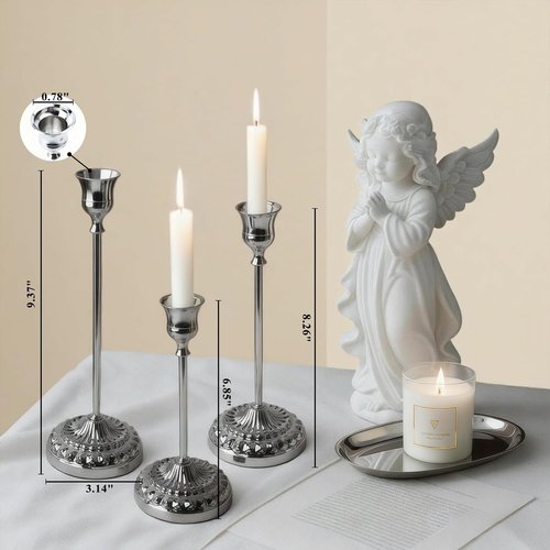 BEAHOT Silver Candle Holders - Set of 6 Elegant Non-Slip Holders with Matching Snuffer for Home Decor & Weddings