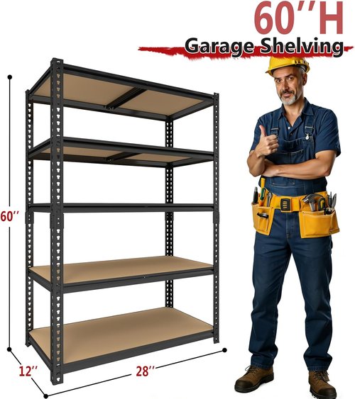 Heavy Duty Garage Shelving - 5-Tier Adjustable Storage Unit | 2400LBS Capacity, 28''×12''×60''