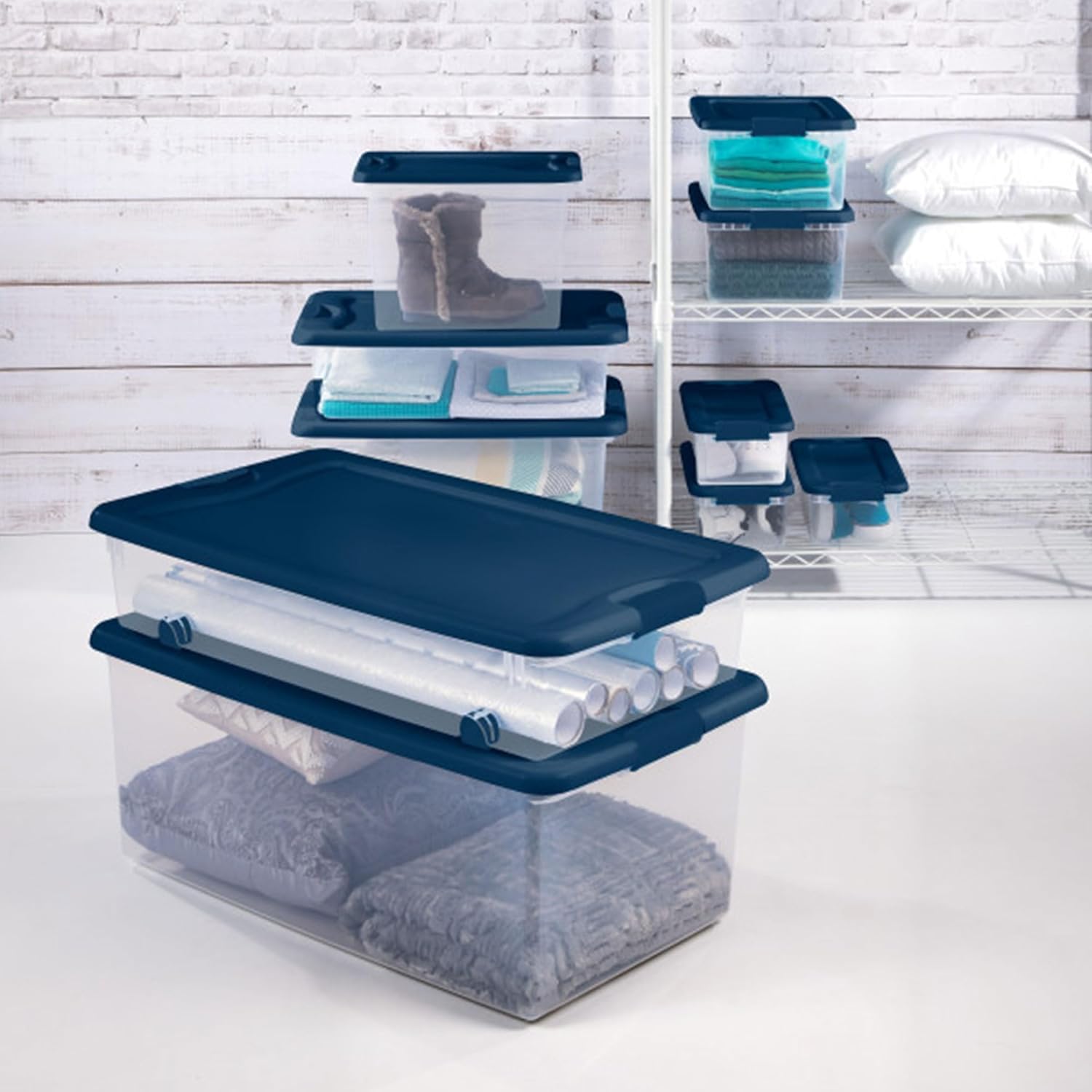 Sterilite Large Clear Plastic Storage Bins - 6-Pack 64 Quart Stackable Organizing Containers in Blue