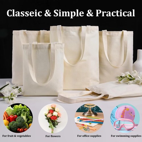 WeiMeet 4 Packs Canvas Tote Bags 15"x13" Cotton Canvas Reusable Grocery Shopping Blank Tote Bags with Handle