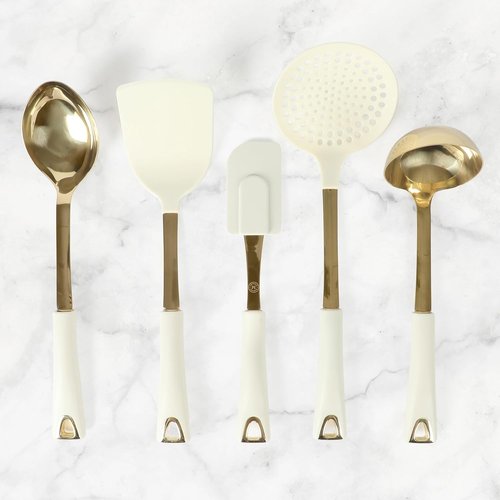 Martha Stewart Lockton 5-Piece Kitchen Tool Set - Durable Stainless Steel & Nylon Utensils with Gold Accents