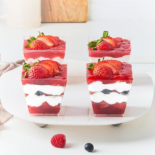 Zezzxu 7 oz Square Mini Dessert Cups with Spoons - 50 Pack Plastic Pudding & Parfait Cups Party Dessert Shooters for Serving Trifle Mousse Cake Appetizer Fruit