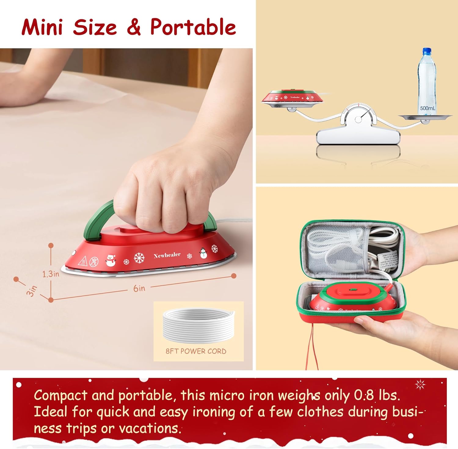 Newbealer Travel Iron - Mini Dry Iron for Clothes | Global Voltage 100-240V, 302℉, Lightweight 0.8lb, Classic Red