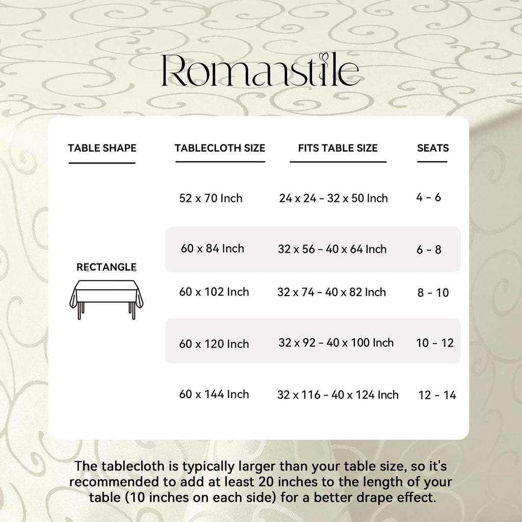 Romanstile Jacquard Rectangle Tablecloth, Waterproof Elegant Damask Curly Floral Pattern Table Cloth, Washable Decorative Polyester Table Cover for Kitchen/Dining/Parties - Ivory/Cream, 60 x 104 Inch