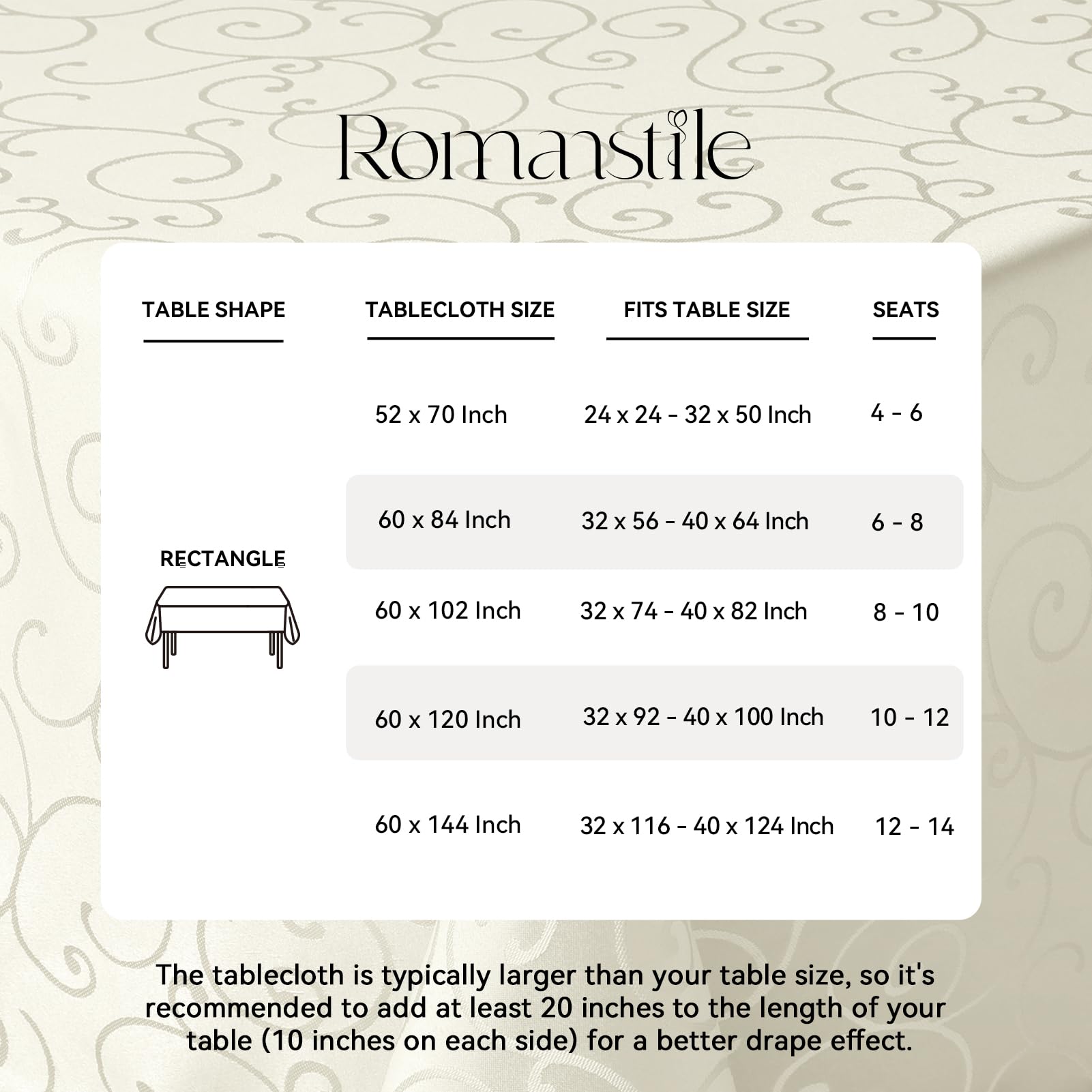 Romanstile Jacquard Rectangle Tablecloth, Waterproof Elegant Damask Curly Floral Pattern Table Cloth, Washable Decorative Polyester Table Cover for Kitchen/Dining/Parties - Ivory/Cream, 60 x 104 Inch