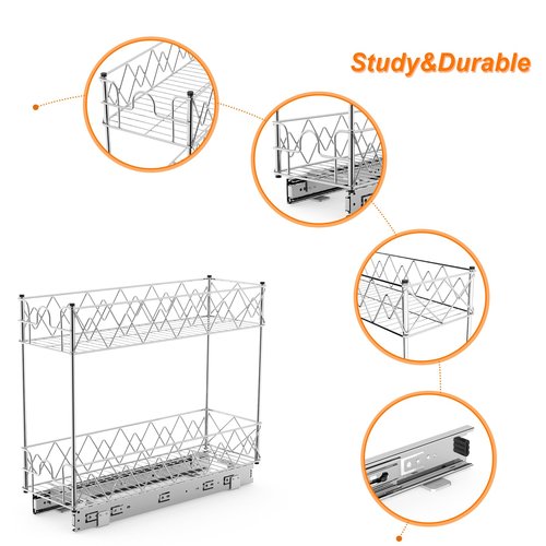 Glolaurge Narrow Pull Out Cabinet Organizer - 7" W x 21" D, 2-Tier Kitchen Cabinet Drawer Slide Out Shelves, Chrome