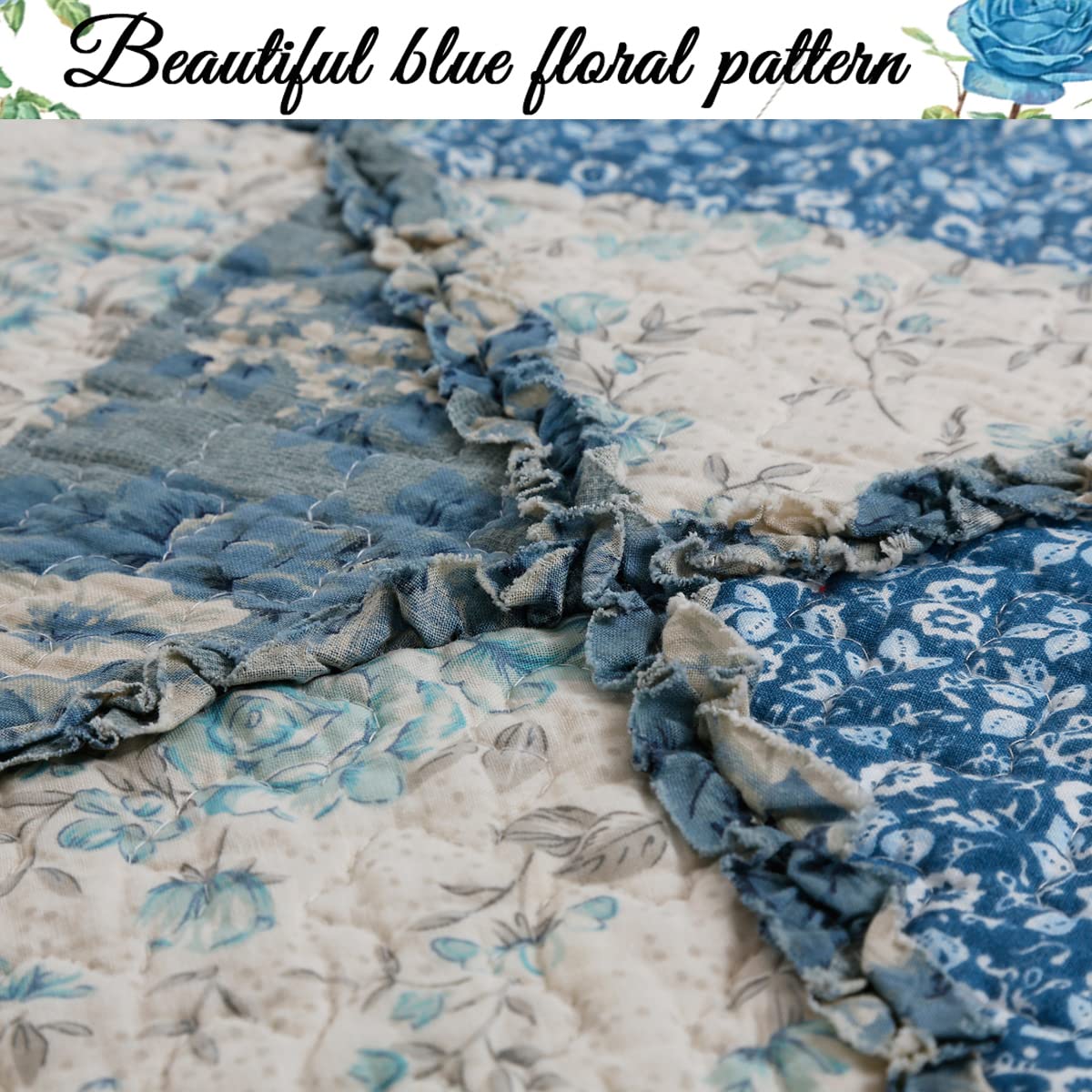 Floral Rose Garden 3-Piece Blue Vintage Cottage Patchwork Cotton Queen Reversible Quilt Bedding Set by Cozy Line Home Fashions