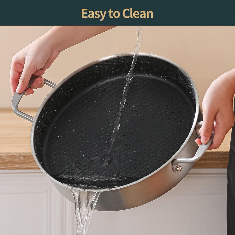 Yeksum Deep Frying Pan with Lid, 6 Quart Tri-Ply Hybrid Nonstick Stainless Steel Saute Pan, Compatible with All Cooktops Up to 600℉,12inch Saute Pan with Lid, Fast even Heat cookware, Rondeau Pot