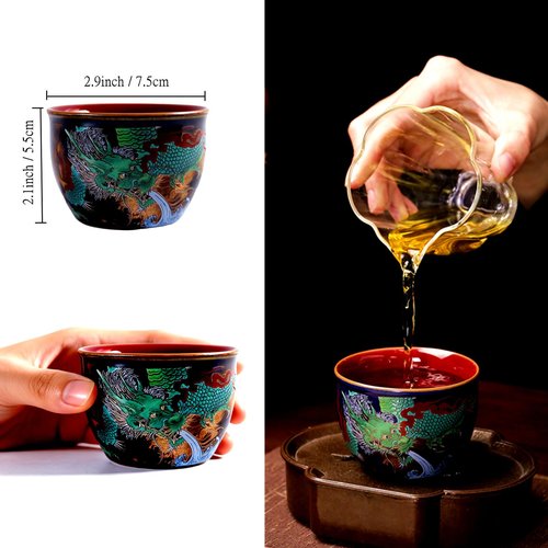 HOHCNA Chinese Enamel Tea Cups Set of 2, Royal Style Dragon Pattern Tea Cups, 4 oz Handleless Traditional Ceramic Teacup for Gongfu Tea Ceremony Art Deco