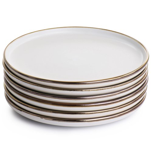 Elama Arthur 6 Piece Stoneware Salad Plate Set in Matt White with Gold Rim (Arthur Paul Salad), 6 Piece Set