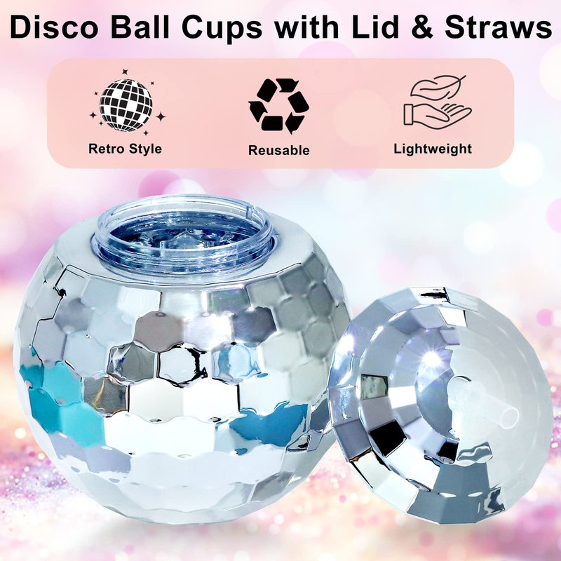 Breroa 6-Piece Disco Ball Cup Set with Lid, Straw & Sparkly Glitter - 20oz Mirrored Cocktail Drink Tumblers for Disco Bar Party Supplies, Silver
