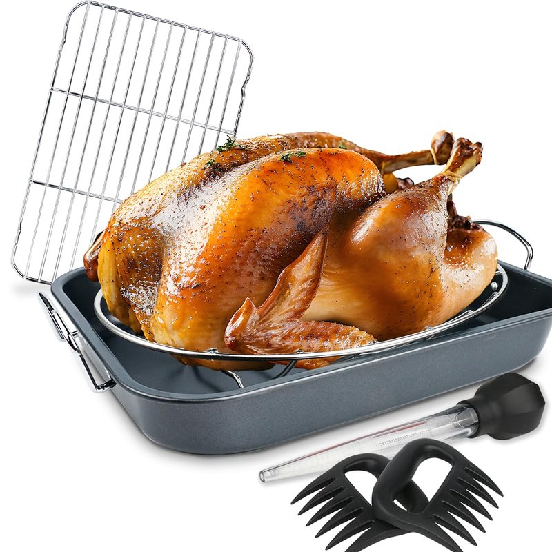 Nonstick Turkey Roaster with 2 Stainless Steel Racks for Baking Turkey, Chicken, Veggies