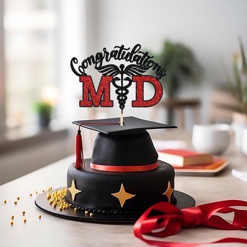 Congratulations MD Cake Topper - Black & Red Glitter Graduation Decoration for Medical School Grads