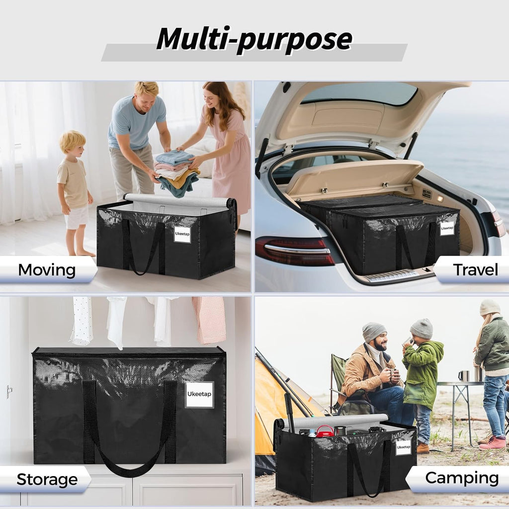 Skiennix Extra Large Heavy-Duty Moving Bags - 8 Pack Black Storage Totes with Lids & Reinforced Handles