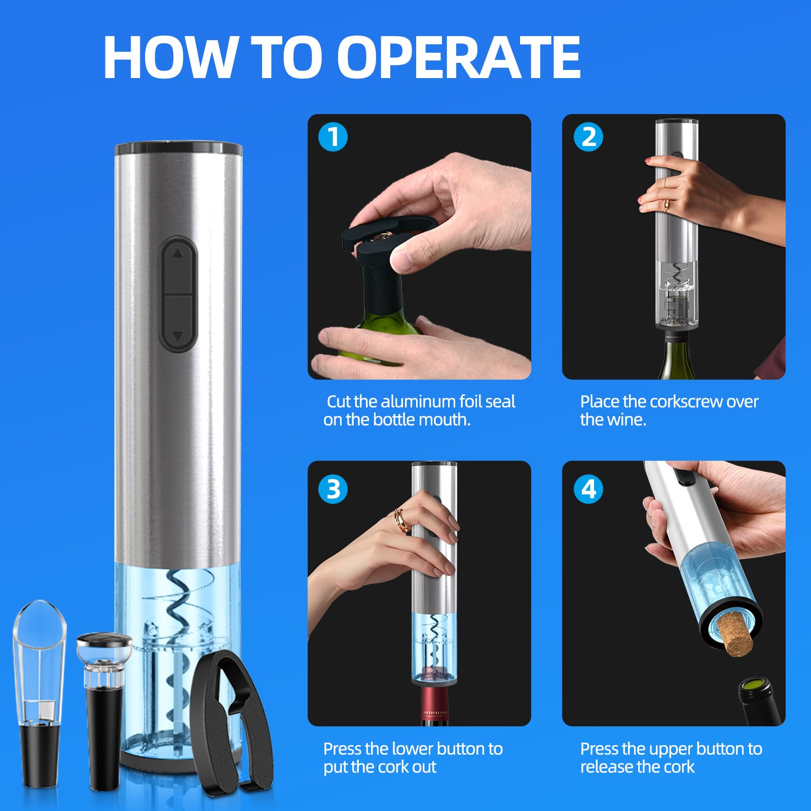 Liuzouwin5-in-1 ElectricWine Bottle Opener Set Battery Operated Reusable Corkscrew with Storage Base, Foil Cutter, Wine Pour& Wine Stopper (Silver)