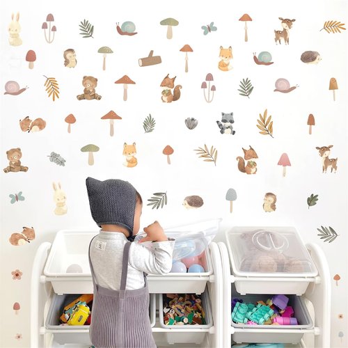 Kazova Woodland Animals Wall Stickers 93 Pcs 3 Sheets Cute Mushroom Forest Decals Peel and Stick for Kids Room Nursery Bedroom Playroom Decor