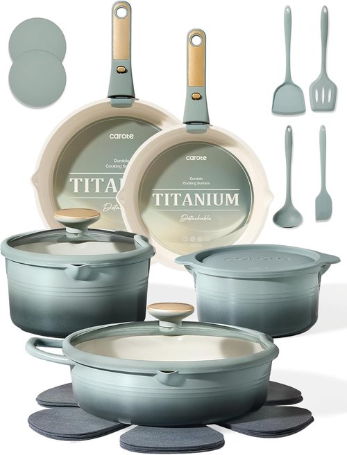 CAROTE 20Pcs Titanium Cookware Set - Non-Stick Pots and Pans with Detachable Handle | Induction & Dishwasher Safe