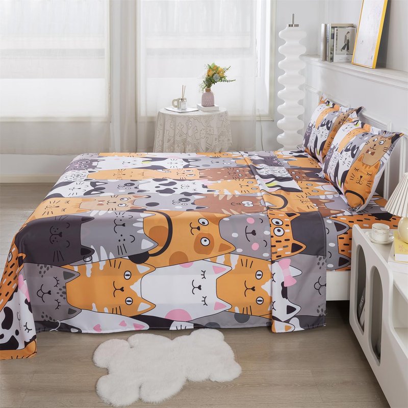 qjmiaofang 4 Pieces Cartoon Cats Bedding Full Size Cat Sheets Gradient Line Animals Kids Girls Boys Bed Sheet with Flat Sheet,Fitted Sheet and Pillowcase All Season Home Decor