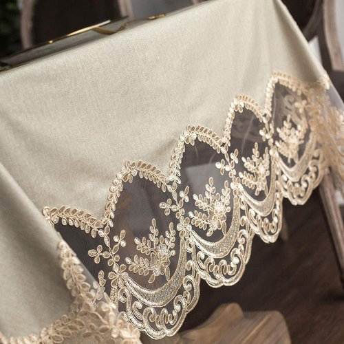 ARTABLE Vinyl Tablecloth Rectangle Waterproof Lace Table Cover with Exquisite Macrame Border for Wedding Kitchen Holidays Party Decor (Champagne, 60 x 84 Inch)