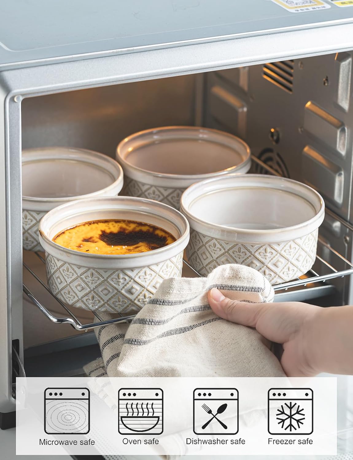 Ramekins 40 Oz Ceramic Bowls Set of 4 - Airtight Mixing Bowls with Lids for Salad, Soup & Baking - Beige