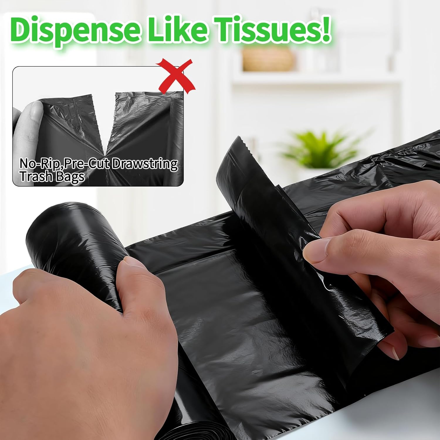 Skiennix 100 Count Small Drawstring Trash Bags - Thick Mini Wastebasket Liners for 4-Gallon Cans | Black