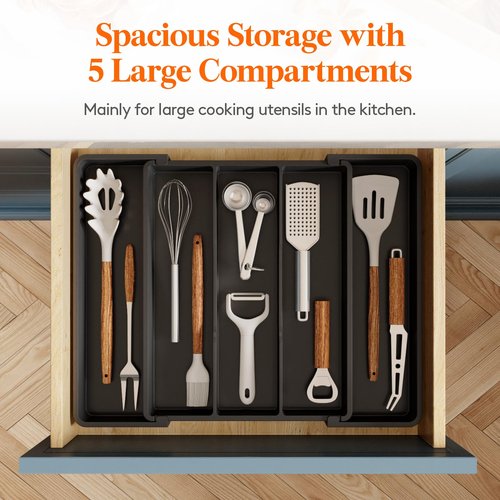 Lifewit Utensil Organizer for Kitchen Drawers, Expandable Cooking Utensil Tray, Adjustable Cutlery Silverware Flatware Holder, Plastic Spatula Tools Storage Divider, 11-18 x 14", Black
