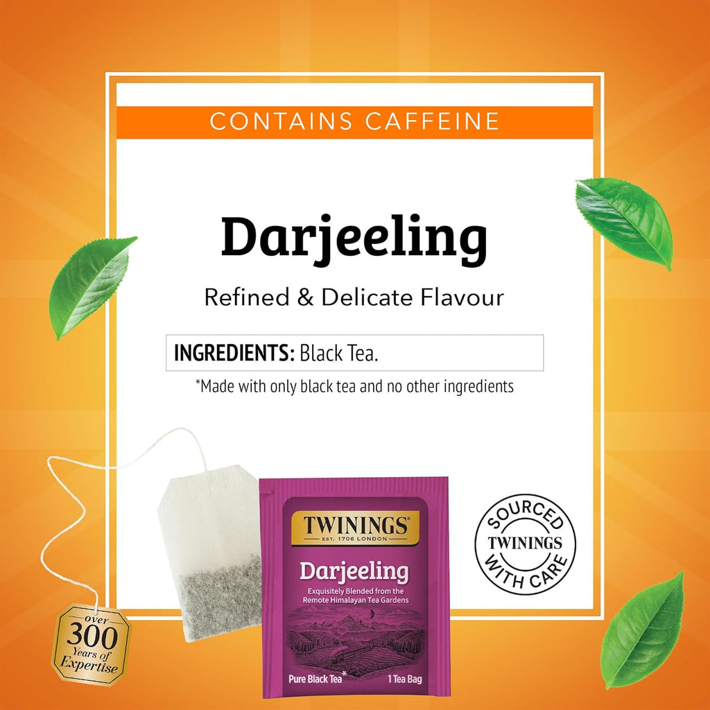Twinings Darjeeling Black Tea - Delicate Light Taste, Caffeinated, 50 Individually Wrapped Bags (Pack of 6)