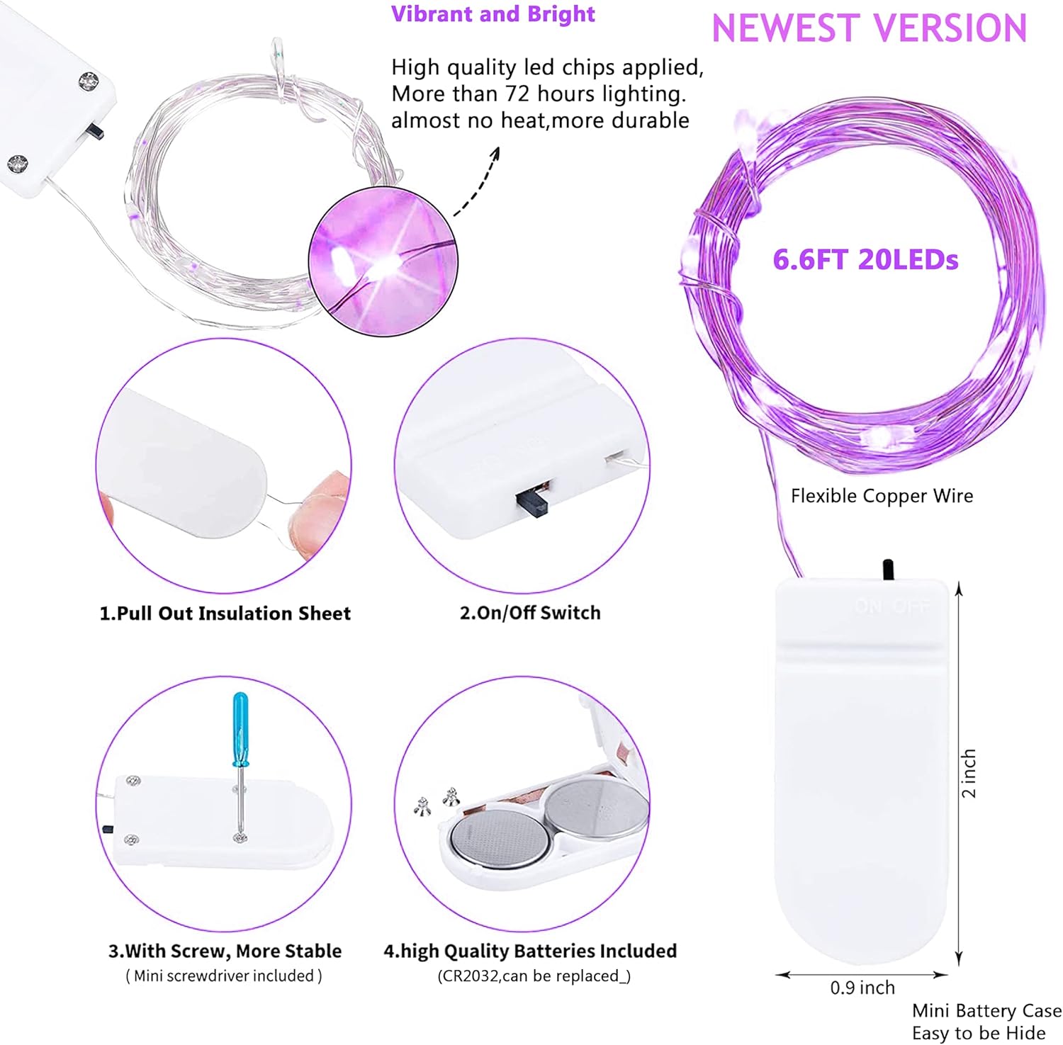 SmilingTown 20 LED Purple Fairy Lights - Battery Operated 6.6ft Waterproof String Lights for Weddings & Parties