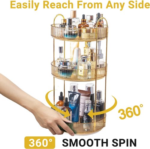 Asayuee 360° Rotating Makeup Organizer - Large Capacity 3-Tier Vanity Storage in Gold