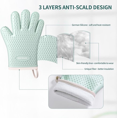 MAD SHARK Silicone Oven Mitts - Heat Resistant 450°F | Waterproof, Non-Slip, Cotton Lined - Green