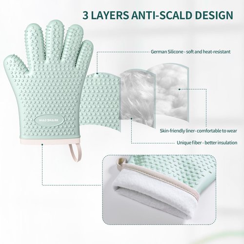 MAD SHARK Silicone Oven Mitts Heat Resistant 450 Degrees,Waterproof & Non-Slip Oven Gloves with Fingers,Cotton Lined Silicone Oven Gloves Kitchen Mitts for Baking Cooking Barbecue,Women (Green)
