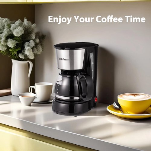 Nehilumn 4 Cups Drip Coffee Maker, Coffee Pot Machine Permanent Coffee Filter, Mini,20Oz Electric Coffee Maker,650W Black and Stainless Steel