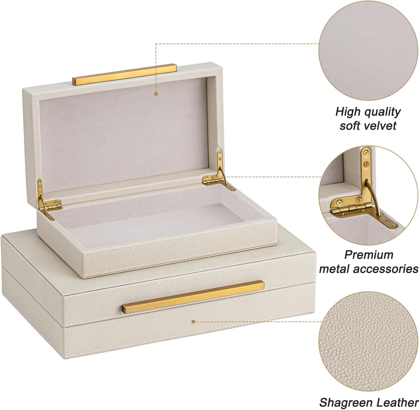 XIGEXIGE Faux Leather Jewelry Box - Large Stackable Organizer Set of 2 in Beige Shagreen with Gold Handles