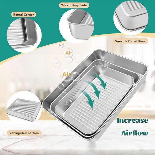E-far Stainless Steel Baking Pans Set of 3 - Non-Toxic Rectangle Trays for Lasagna, Brownies, Cookies | 12.5/10.5/9.4 Inch