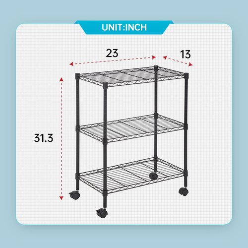FDW Metal Storage Shelves - 3-Tier Wire Shelving Unit with Wheels | Compact 23L x 13W x 32H, Black