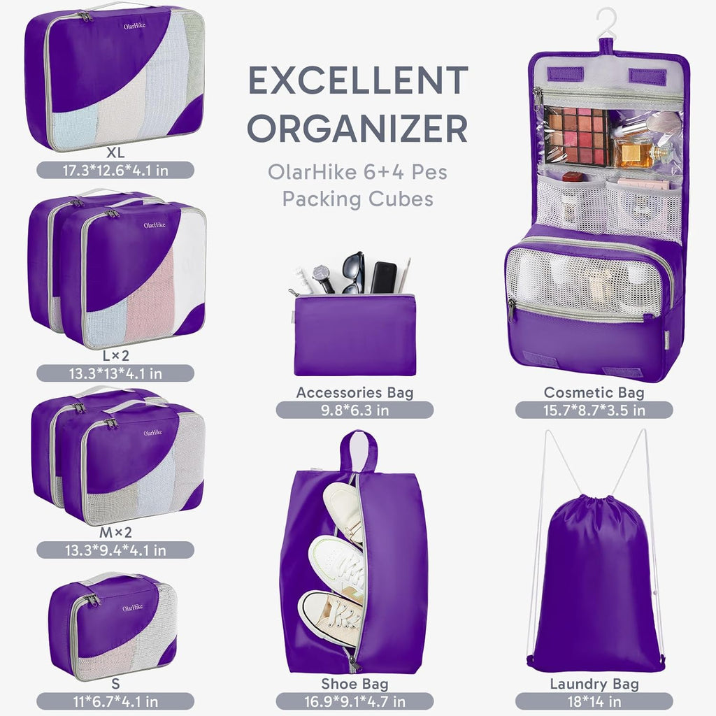 OlarHike Packing Cubes - Durable Travel Organizers with Anti-Tear Stitching | 10-Piece Set in Purple