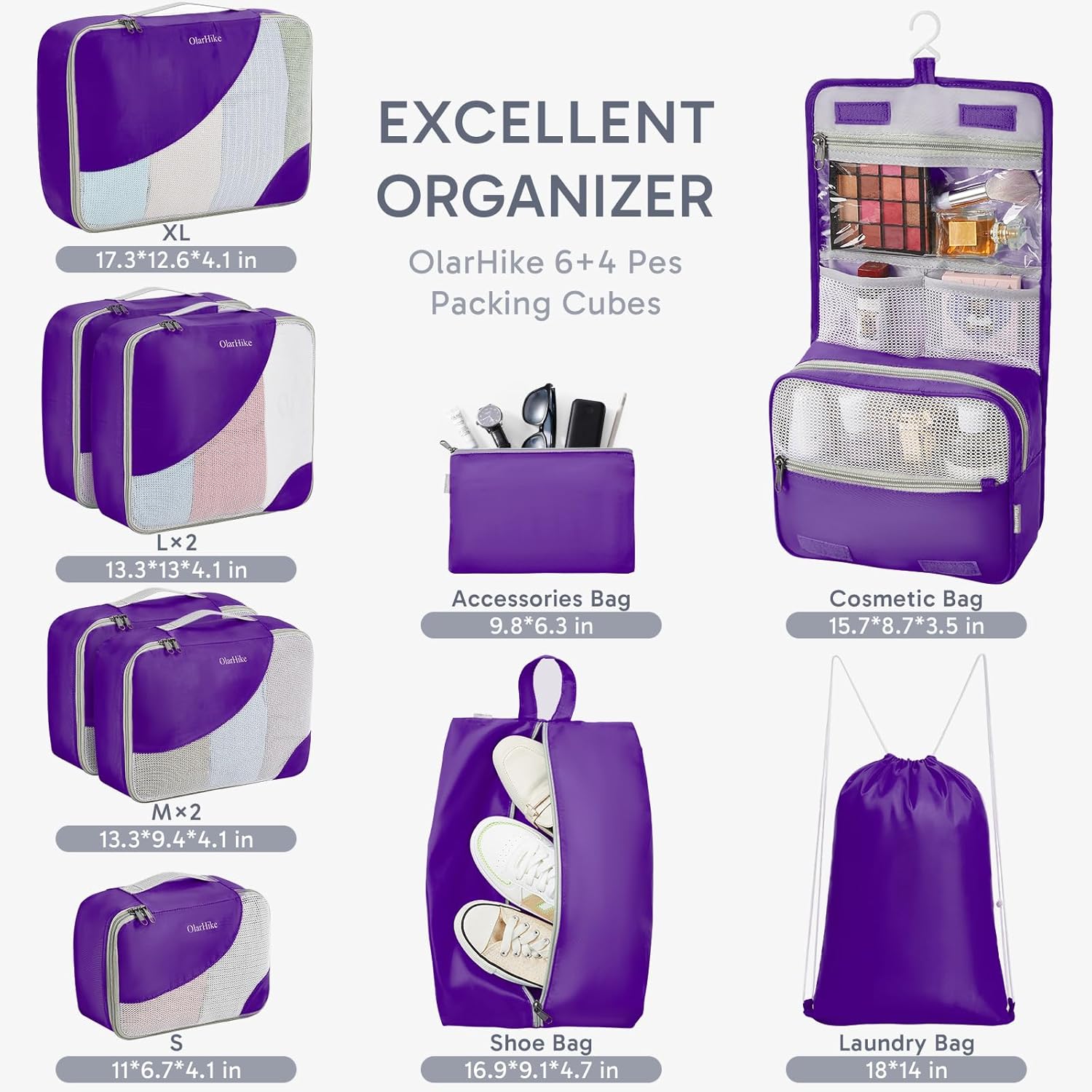 OlarHike Packing Cubes - Durable Travel Organizers with Anti-Tear Stitching | 10-Piece Set in Purple