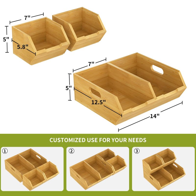 Bambition Bamboo Pantry Storage Bins for Vegetables, Potato and Onion Storage Bin for Pantry, Produce Bins for Kitchen Counter