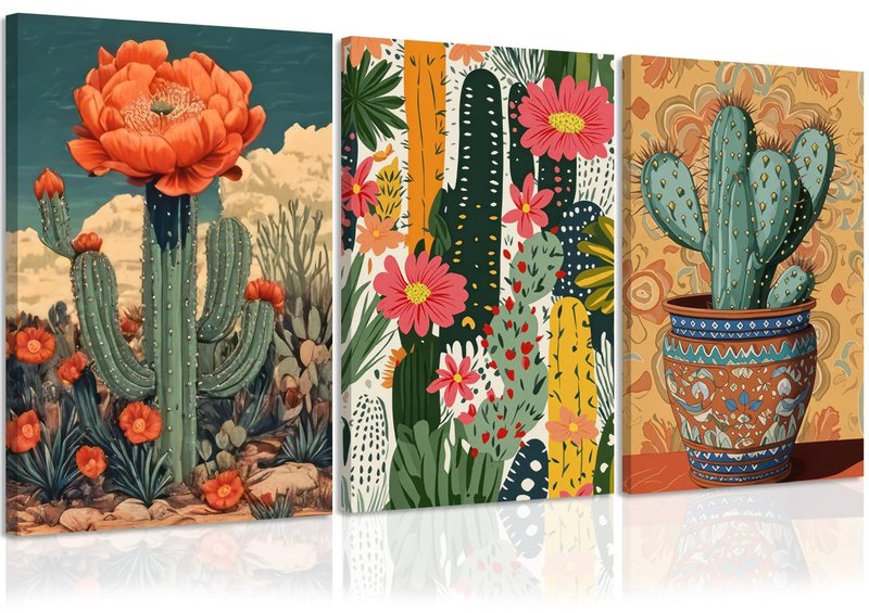 Ovczax Bohemian Style Decorative Paintings, Mexican Cactus Flowers Wall Paintings, Desert Plants Prints 3 - Piece Art Set For Home Office, Bedroom And Living Room 24" x 16"