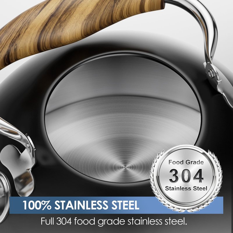 Chefbar 4.2 Quart Tea Kettle Stovetop Whistling for Stove Top Food Grade Stainless Steel Tea Kettles with Cool Wood Pattern Handle Black
