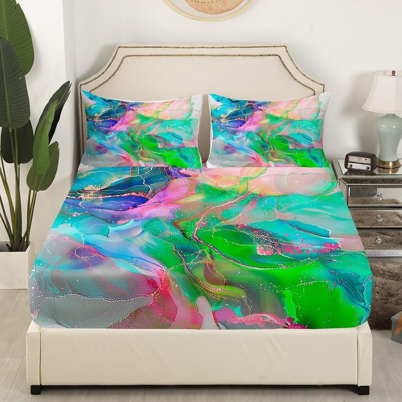 Erosebridal Teal Pink Green Bed Sheets Set Modern Marble King Sheet Set, Gold Metallic Sheets Chic Foil Print Bed Set, Abstract Mountain Fluid Flat Sheet Kids Home Decor