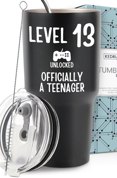 13th Birthday Tumbler 30oz, Best 13-Year-Old Boy Gift Ideas, Perfect Birthday Gifts For Teen Boys Trendy, Unique Memorable Keepsake for Him, Officially a Teenager Presents for Birthdays, Gift Ready