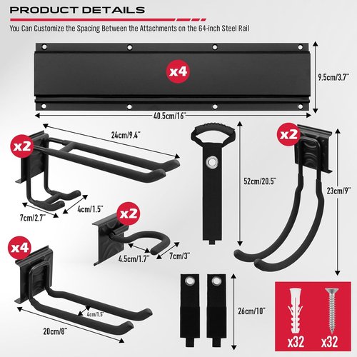 "SEDY 64" Heavy Duty Garage Tool Organizer - Wall-Mounted Rack with Adjustable Hooks, Anti-Rust, 300lbs Capacity | Easy Installation (10 Hooks, 4 Rails, 3 Straps)