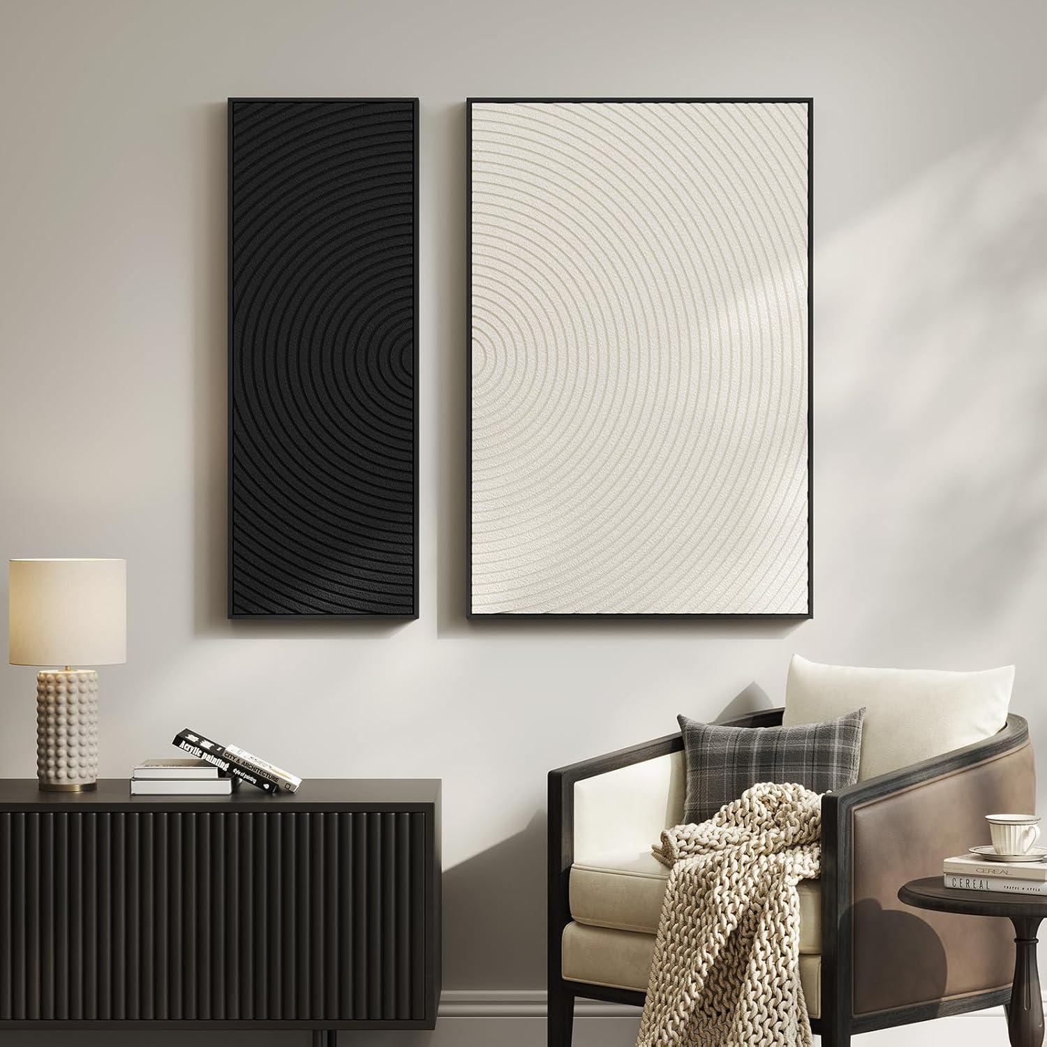 Skiennix 3D Textured Black and White Abstract Wall Art - Modern Minimalist 2-Piece Set for Home Decor