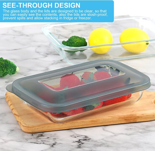 KOMUEE Glass Baking Dish Set - 8 Rectangular Bakeware Pans with Lids for Lasagna & Leftovers - Gray