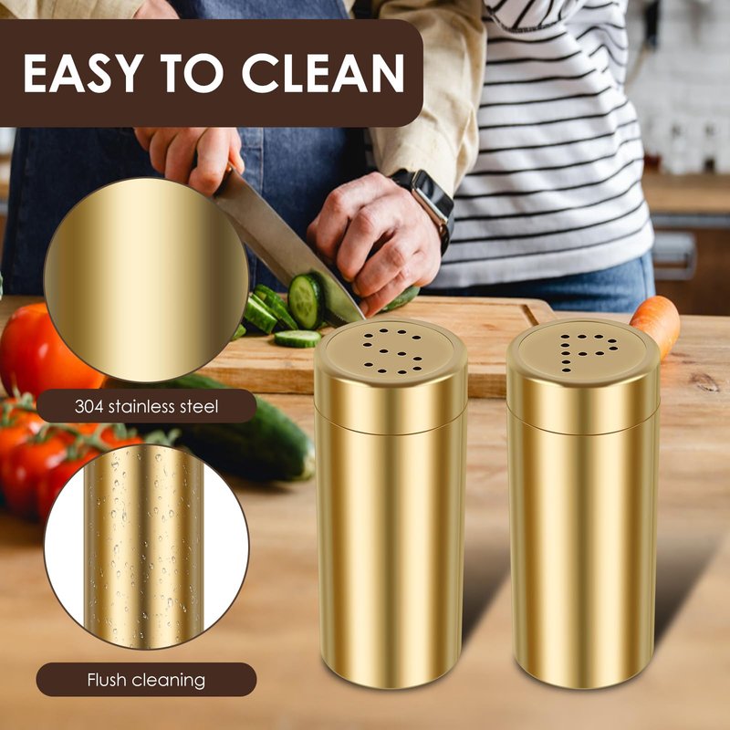 Stainless Steel Spice Shaker Jars 2Pcs Salt and Pepper Shakers Set Practical Salt Pepper Shaker for Home Barbecue Cooking (Gold)