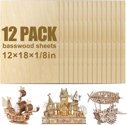 Basswood Sheets - 12 Pack of 12x18x1/8 Inch Balsa Wood for Laser Cutting & DIY Crafts