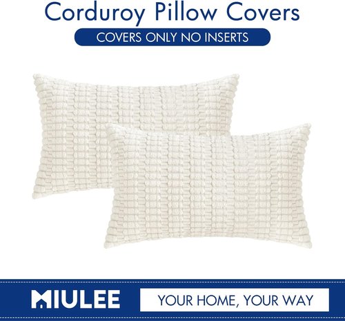 MIULEE Corduroy Decorative Lumbar Pillow Covers - Soft Boho Striped Design, 20x12 Inch, Pure White for Modern Home Decor