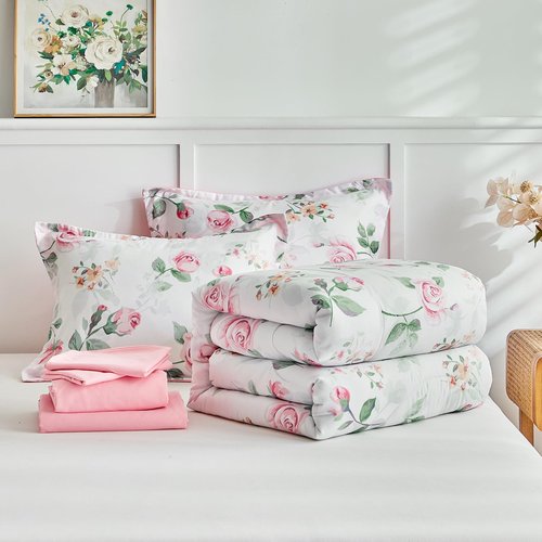 Flower Comforter Set with Sheet Set White Botanical Bed in a Bag Queen Size Light Pink Orange Floral Green Leaves Super Cute Soft Microfiber 7 Pieces Bedding Set with Pillowcases for Girls Women