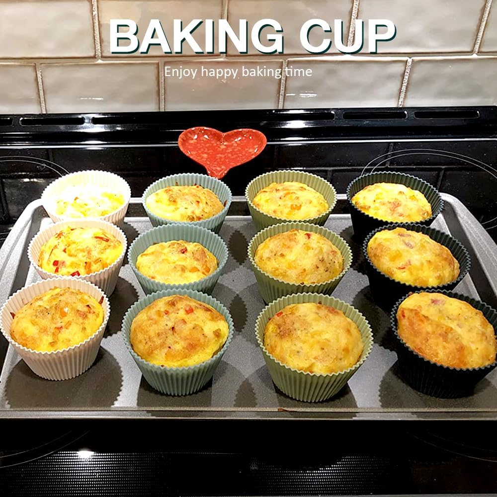 Skiennix Extra Large Silicone Muffin Cups - 12 Pcs Reusable Jumbo Baking Liners | 3.54 Inch, Easy to Clean, Green & White